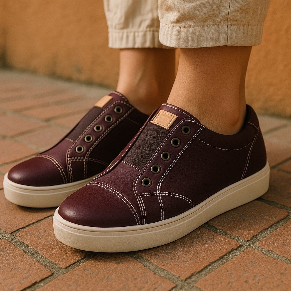 EUC Women’s Spenco Leather Malibu Lux Sneakers Size W 5 Burgundy Color - Picture 2 of 7